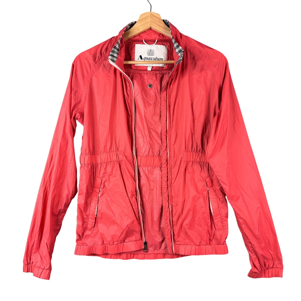 Aquascutum Red Nylon Full Zip Lightweight Windbreaker Jacket Club Check Trim XS